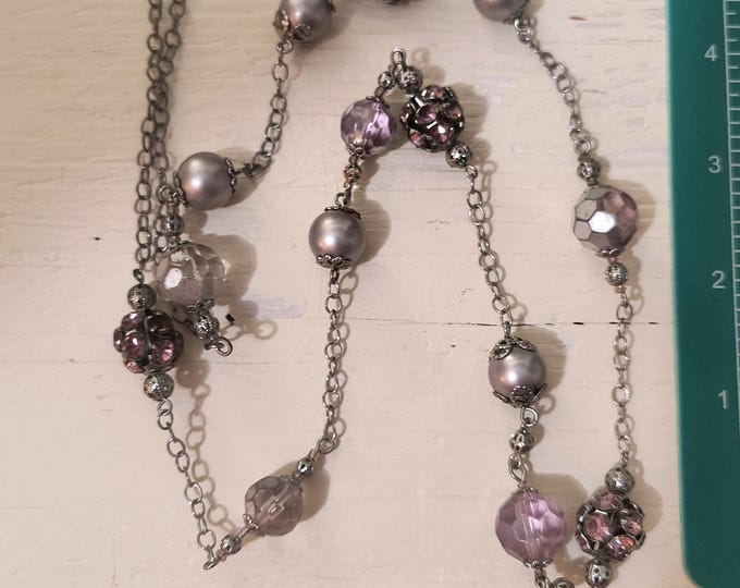 Vintage Station Necklace - Purple Rhinestone and Faux Pearl, SIlver Filigree Beads