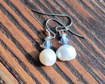 Pearl & Kyanite Drop Earrings: Hypoallergenic Silver, 1 inch