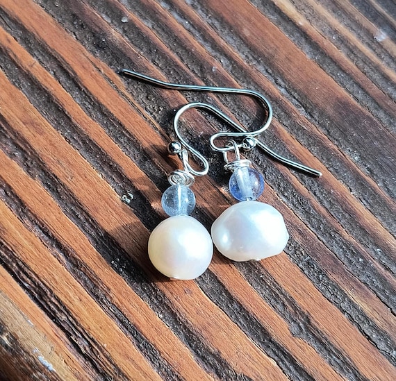 Pearl & Kyanite Drop Earrings: Hypoallergenic Silver, 1 inch