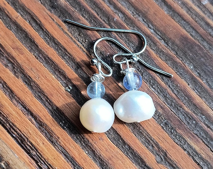 Pearl & Kyanite Drop Earrings: Hypoallergenic Silver, 1 inch