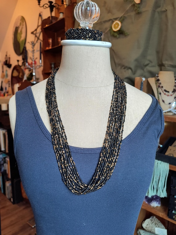 Vintage Seed Bead Necklace & Bracelet Set in Black and Gold