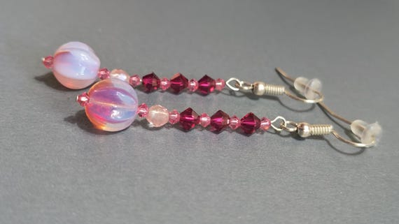 Antique Dragon's Breath Opal Earrings: Hot Pink Crystal Silver Drop Earrings