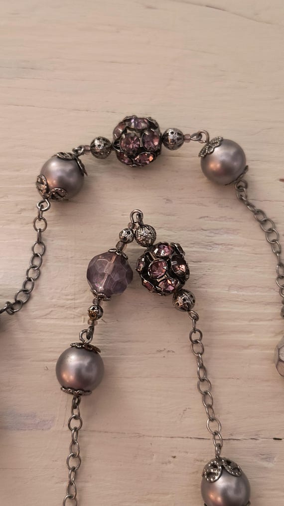 Vintage Purple Bead & Rhinestone Necklace with Silvertone Chain 32 inches long