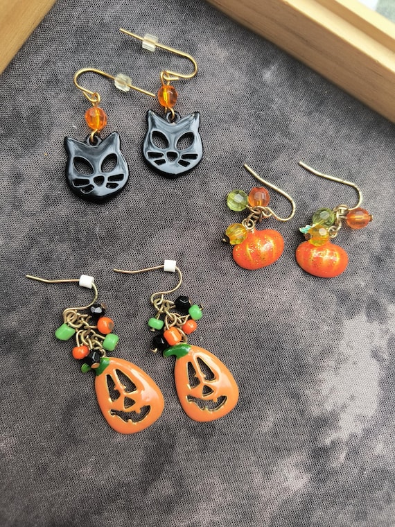Halloween Earring Set - Three Pairs, Pumpkins, Jack O Lanterns, Black Cats