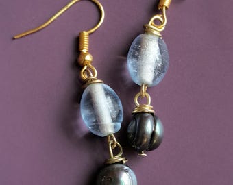 Full Moon Glass & Black Pearl - Handmade Earrings with a Winter Solstice Feel