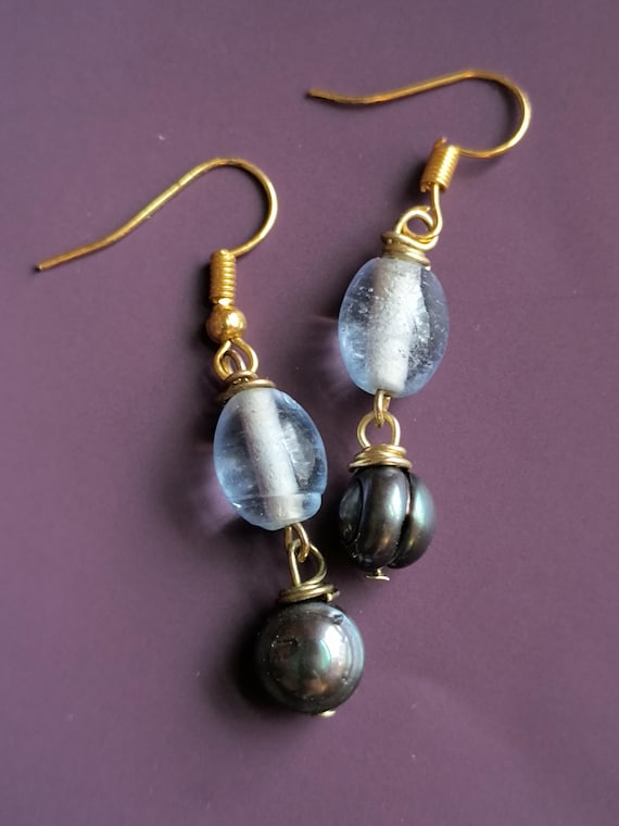 Handmade Pearl & Beach Glass Drop Earrings for Ocean Lover, Boho Brides and more!