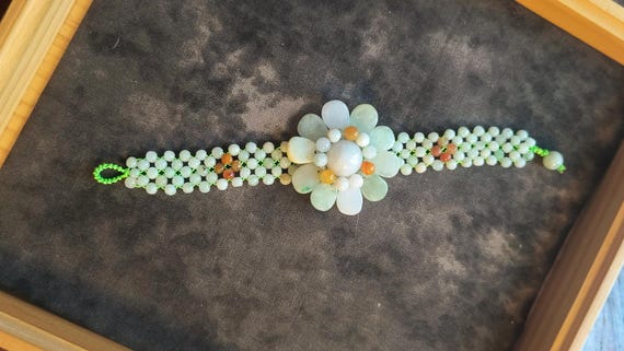 Jade Flower Bracelet, Figural Woven Bead Bracelet of Fine Jade Beads