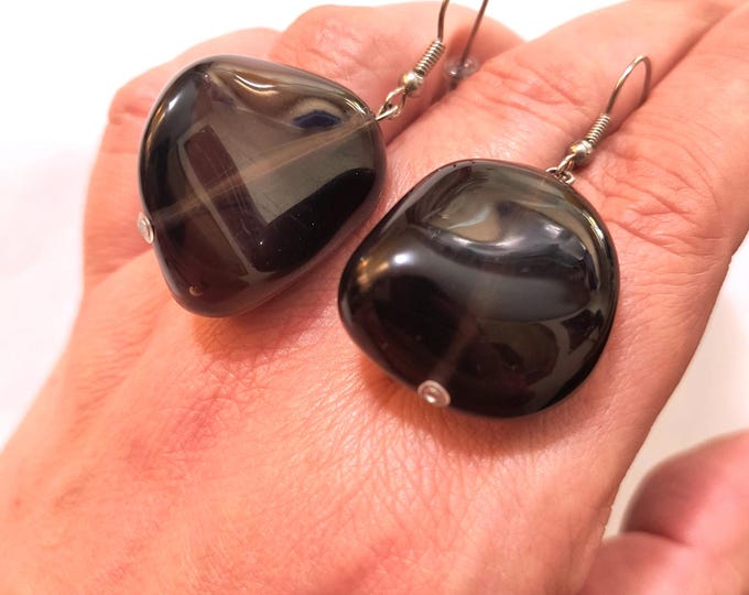 Vintage 1980s Faux Smokey Quartz Chunky Statement Earrings, Retro Glam