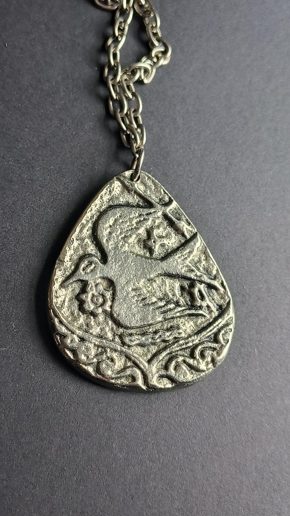 Vintage Talisman Necklace Depicting Hunter & Dove in Ancient Greek Fresco - Large Size, Long Chain