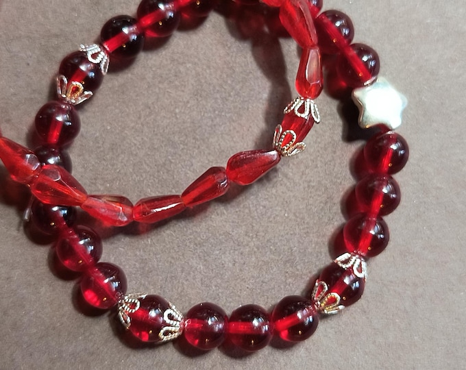 Set of Bloog Red Glass Friendship Bracelets with Silvertone Filigree and Star Beads