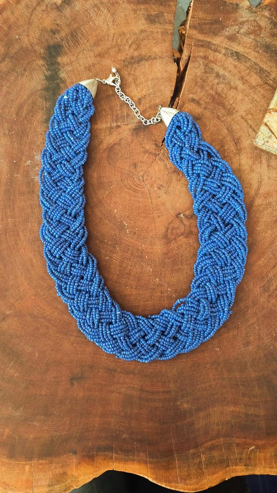 Vintage Cobalt Blue Seed Bead Braided Necklace Circa 1950s-70s