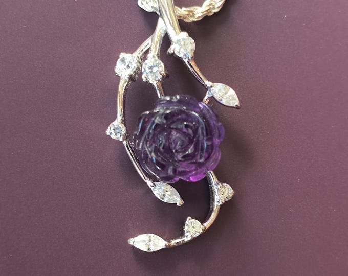 AMETHYST ROSE PENDANT, Gorgeous Faux Diamond Thorn Accents, Gives a Witchy Gothic Art Nouveau Vibe - Excellent Bridal Drop!