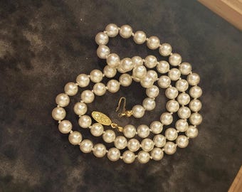 Vintage Glass Faux Pearl Necklace - 7mm Round Individually Knotted Beads, 24 inches Long