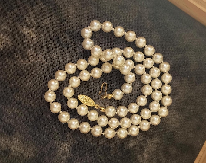 Vintage Glass Faux Pearl Necklace - 7mm Round Individually Knotted Beads, 24 inches Long
