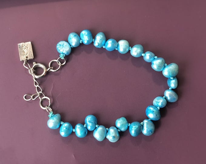 Blue Pearl Bracelet with Adjustable Sterling SIlver Clasp
