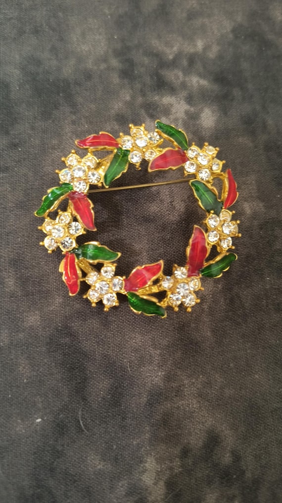 Vintage Rhinestone Christmas Wreath Brooch with Red & Green Enamel