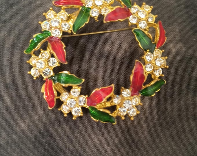 Vintage Rhinestone Christmas Wreath Brooch with Red & Green Enamel