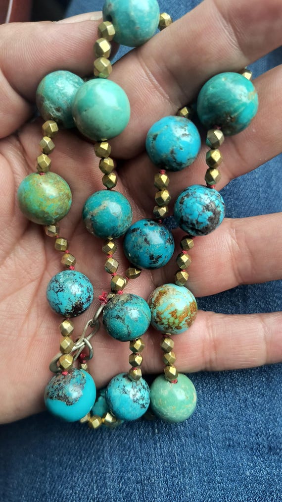 Turquoise Bead Necklace with Antique, Gold Gilt Accents - Handmade of 1800s Era Beads