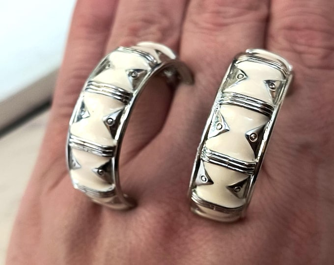 Vintage Hoop Earrings / Large White & Gold Metal State Earrings from the 1980s