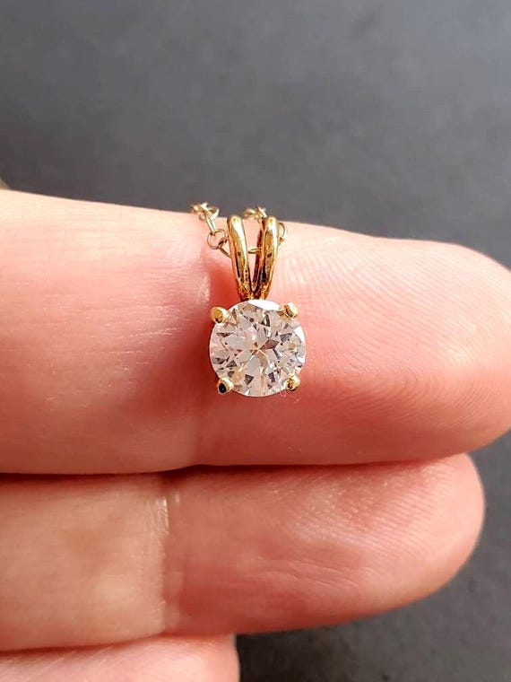 18K Gold Vermeil Solitaire Pendant Necklace – Cubic Zirconia, Sterling Silver Chain