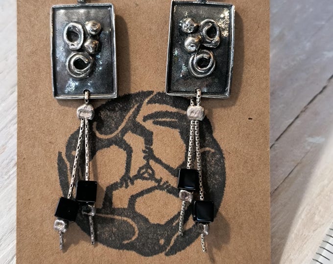 Vintage Rustic, Artisan Drop Earrings with Onyx Accents - Sterling Silver 1970s Retro Boho Theme