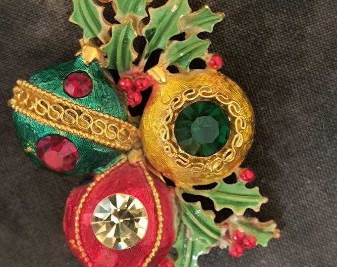 Vintage Weiss Christmas Ornament Bauble Brooch, Rhinestone Holiday Pin Jewelry