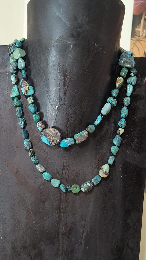 Natural Turquoise Nugget Mala Bead Necklace, Tumbled Beads, 32 inches, Hand Knotted Beads
