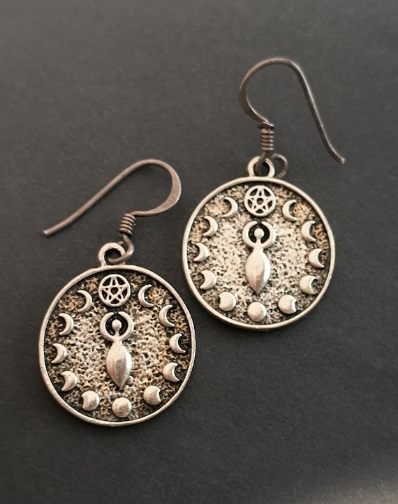 Moon Goddess Earrings - Pewter and STerling Silver Drops