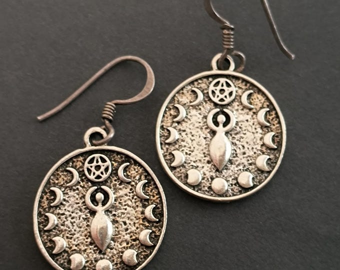 Moon Goddess Earrings - Pewter and STerling Silver Drops