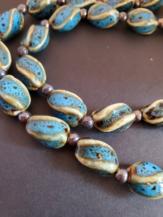 Turquoise Kiln: 1960- 70s Pottery Bead Necklace, … - image 3