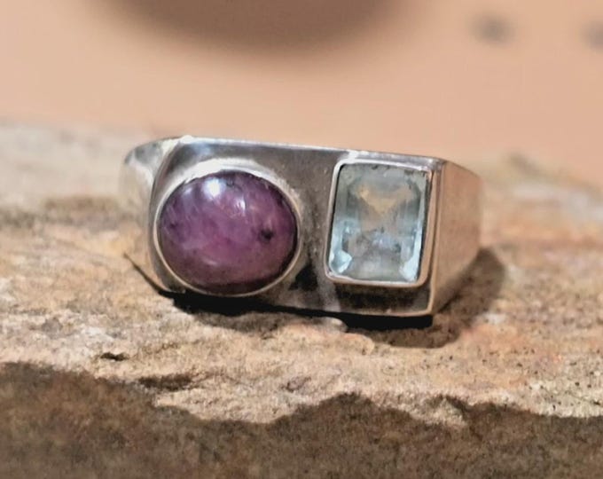 NATURAL Star Ruby & Aquamarine Ring, Handmade Artisan Sterling Silver Circa 1980