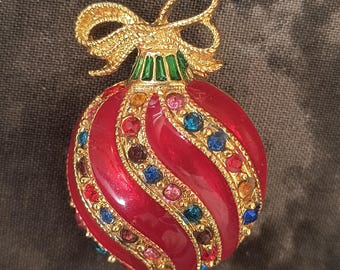 Victorian Christmas Ornament Brooch, Vintage Rhinestone Bauble Pin