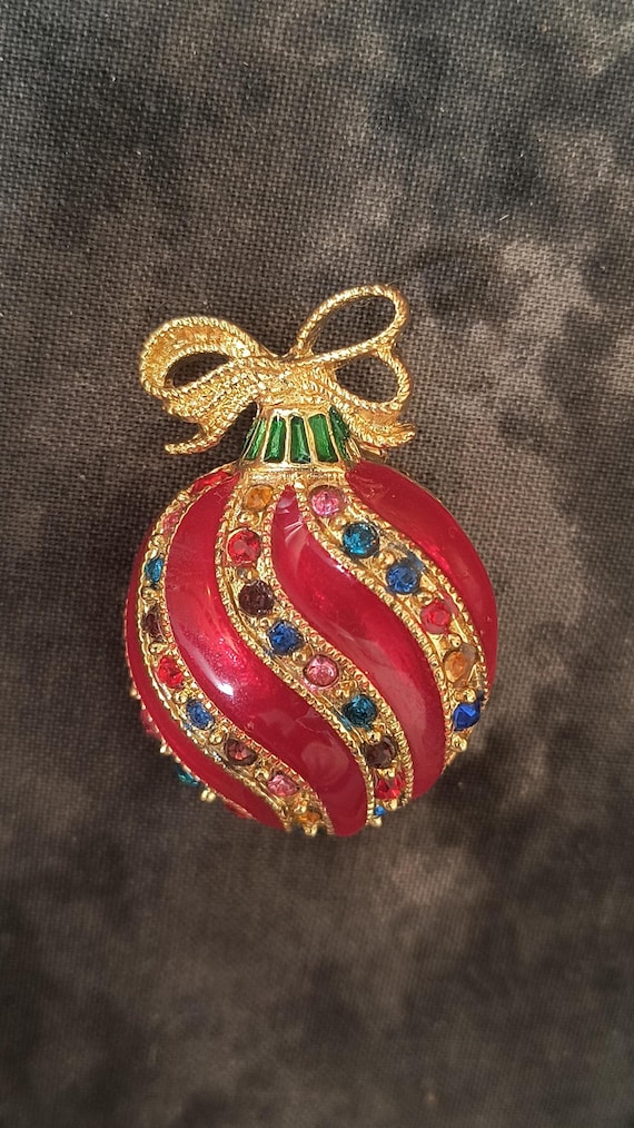 Victorian Christmas Ornament Brooch, Vintage Rhinestone Bauble Pin