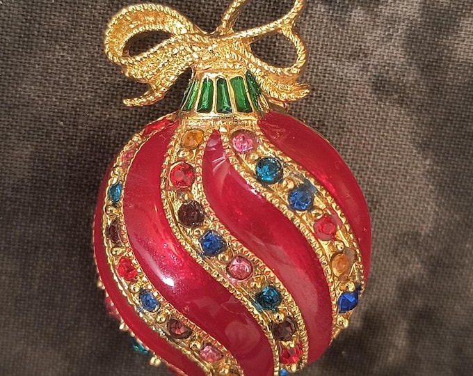 Victorian Christmas Ornament Brooch, Vintage Rhinestone Bauble Pin