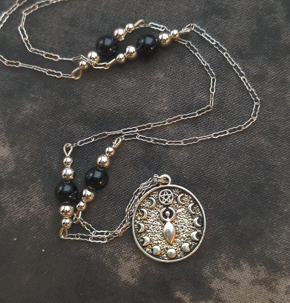Moon Goddess Pewter Necklace, Black Glass Beads, Sterling Clasp