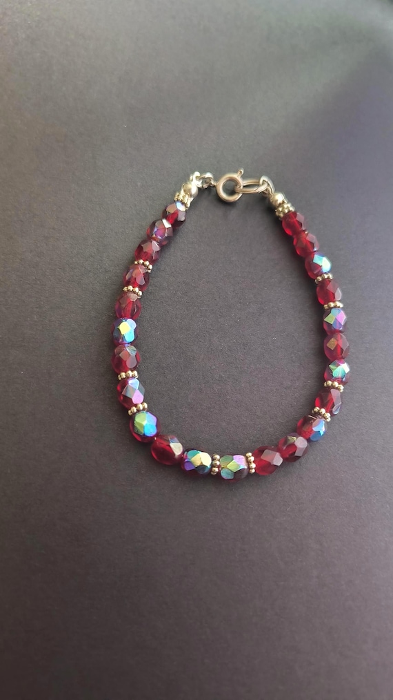 Handmade Garnet Red Bead Bracelet with Fire polished Czech Garnet Beads