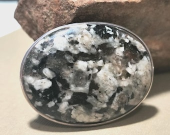 Vintage Sterling Silver Black and White Granite Pendant OR brooch, Artisan Fine!