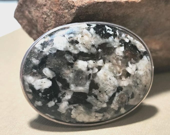 Vintage Sterling Silver Black and White Granite Pendant OR brooch, Artisan Fine!
