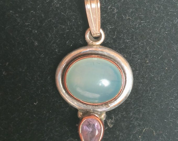 Blue chalcedony & Amethyst Pendant in Sterling Silver and Copper - Great Feminine Vibe