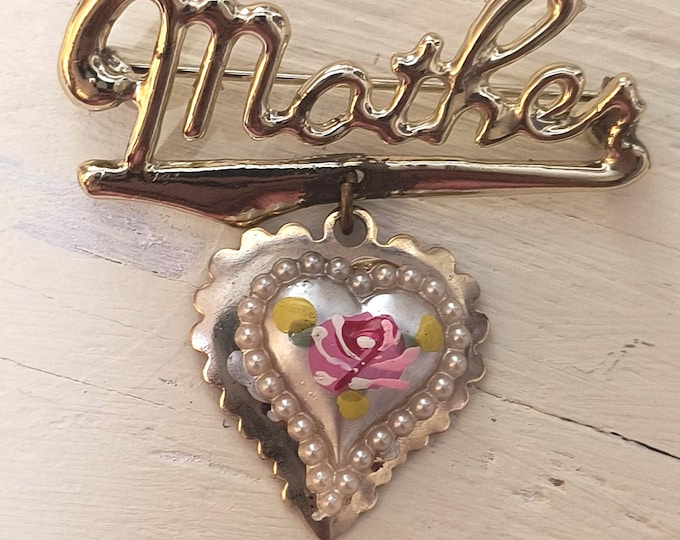 Mother Pin with Rose & Pearl Heart Charm - Sweet Vintage Brooch for Gift or Wear