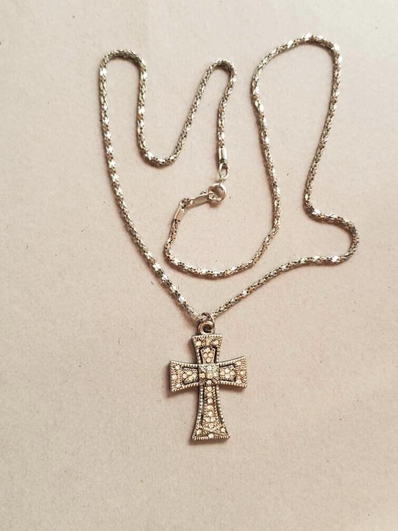 Vintage Cross Necklace - Crystal Inlay, 20" Nice Chainantiqu