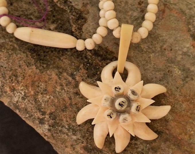 Vintage Swiss Mid-century Carved Bone Edelweiss Flower Beaded Necklace