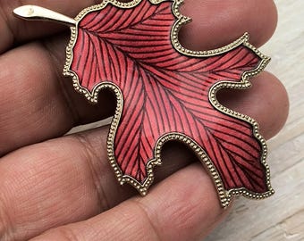 Vintage Red Enamel Oak Leaf Brooch - Goldplated 1980s Jewelry