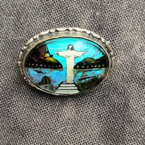 Christ the Redeemer - Painted Butterfly Wing Brooch from the 1930s, Set in Sterling Silver