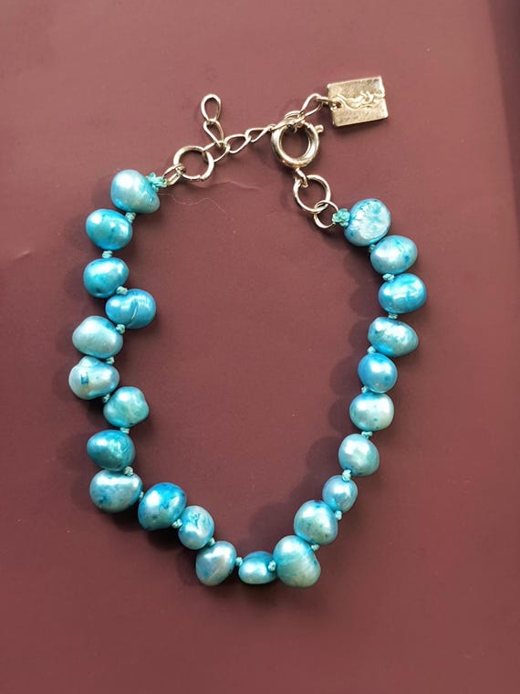 Blue Pearl Bracelet, Handmade on Silk Thread - Silver Clasp
