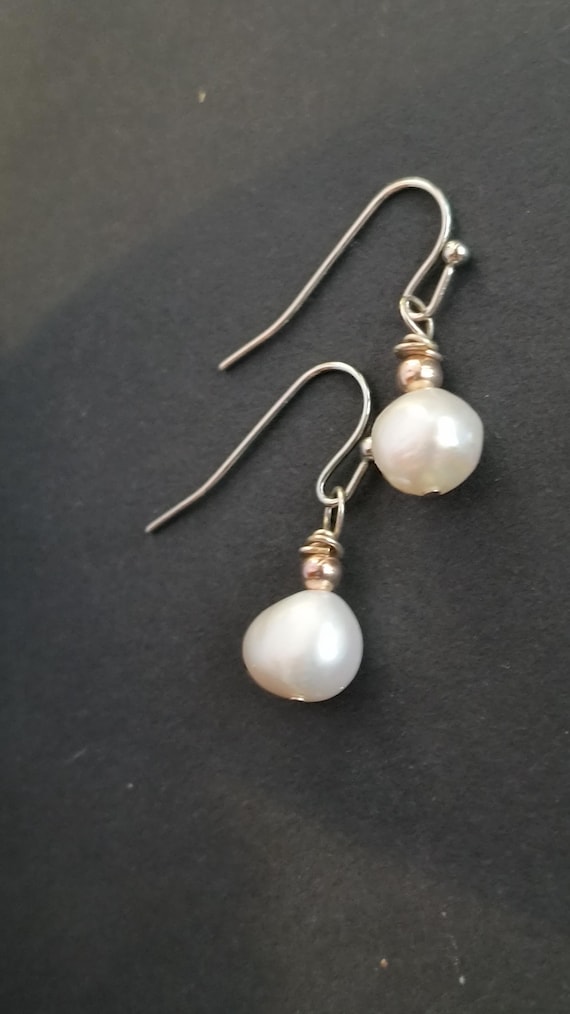 Freshwater Pearl Drop Earrings: Sterling Silver, Gold Vermeil Beads (7/8 inch)