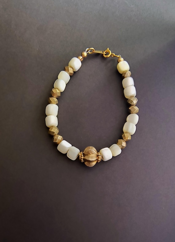 Mother of Pearl Bracelet with Antique Gold Gilt over Silver Beads - Handmade in Maine, USA