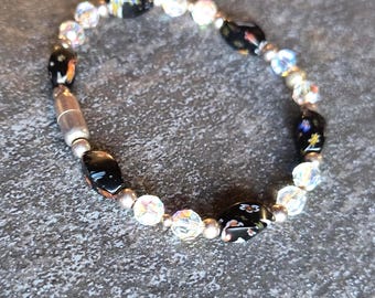 Hand blown Mosaic Glass Beads w/ Austrian Crystal Accents - Magnetic Clasp