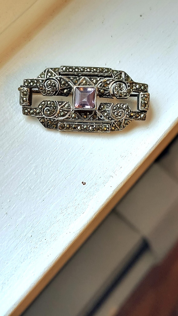 Vintage Art Deco Brooch, Amethyst & Marcasite in Sterling SIlver