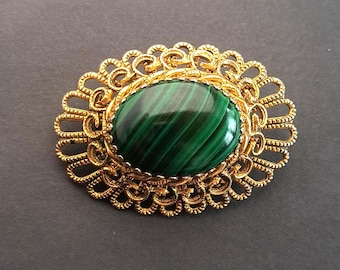 Vintage Malachite Brooch with Bold Design, Gold Filigree